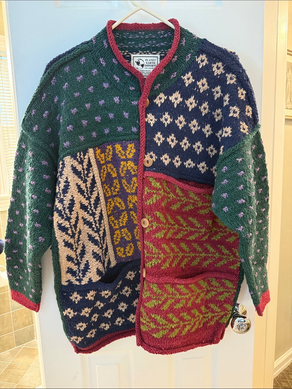 Planet Earth Patchwork Green Multicolor Knit Sweater Cardigan